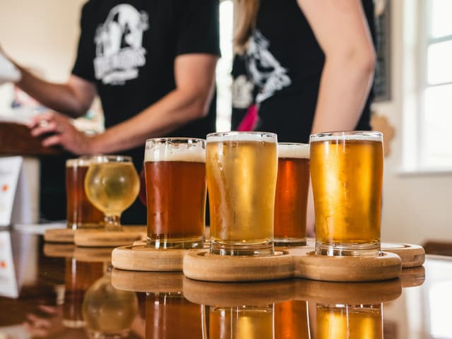 A flight of drinks at a brewery