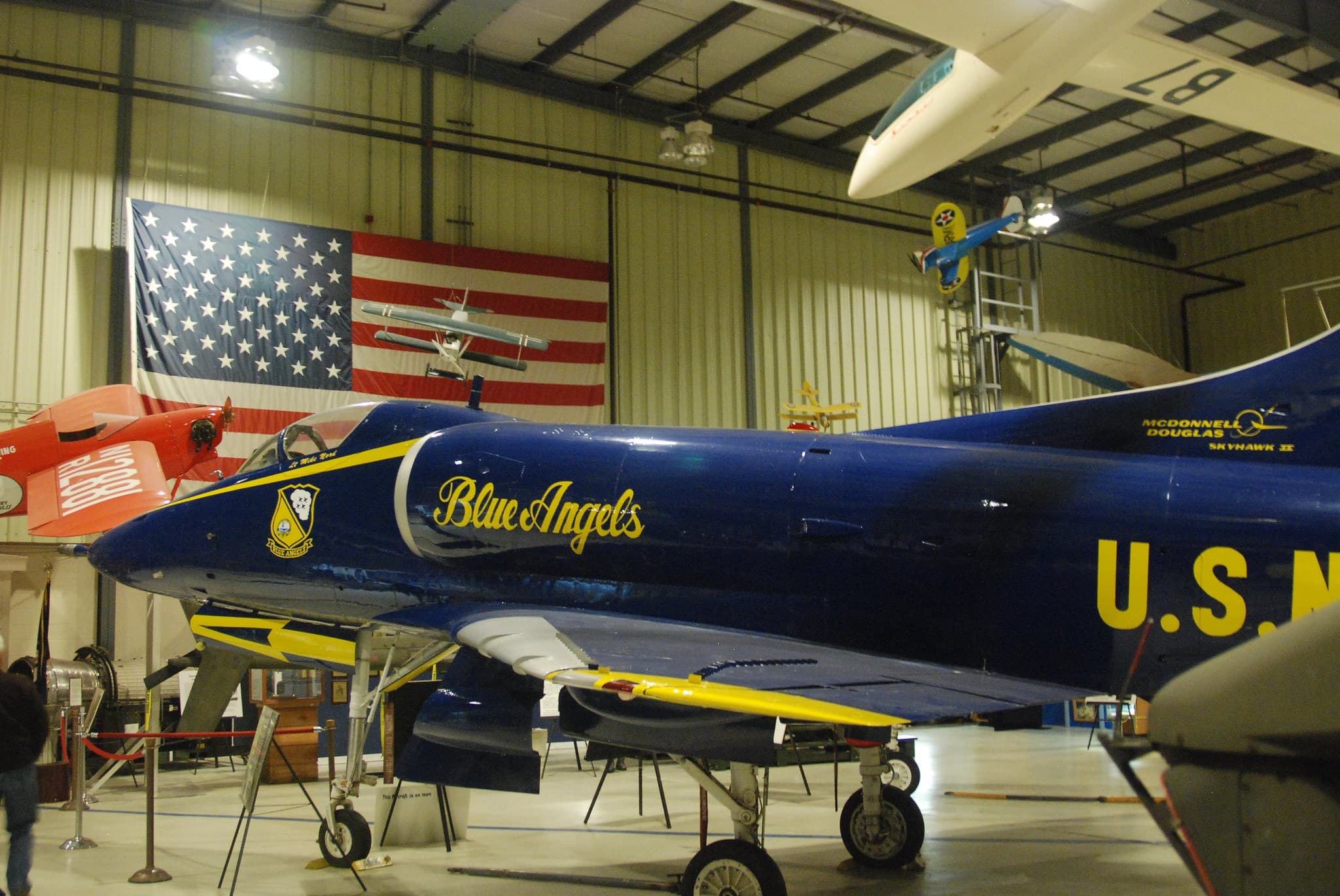 A Blue Angels F/A 18 inside the Aviation Museum of Kentucky